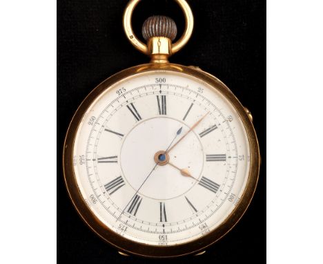 An 18ct. gold open faced crown wind pocket watch, the white enamel dial with inner and outer numbers, centre seconds, the mov