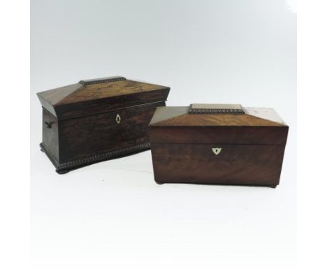 A Regency mahogany tea caddy, of sarcophagus shape, with a hinged lid fitted with two removable canisters and a glass bowl, 2