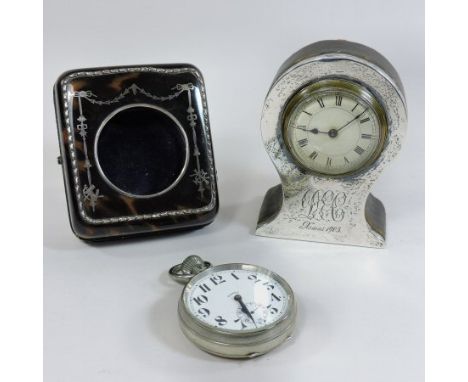A 19th century silver plated goliath pocket watch, contained in an early 20th century tortoiseshell and piquet decorated trav