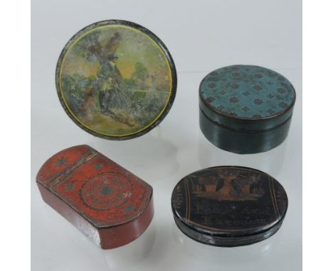 An 18th century painted tin snuff box, of oval shape inscribed Peace and Freedom, 7cm wide, together with a papier mache circ