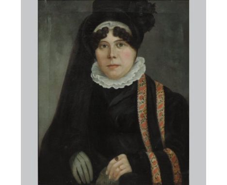 English school, early 19th century, naive portrait of a lady wearing a head dress and a ruff, oil on canvas, 57 x 47cm