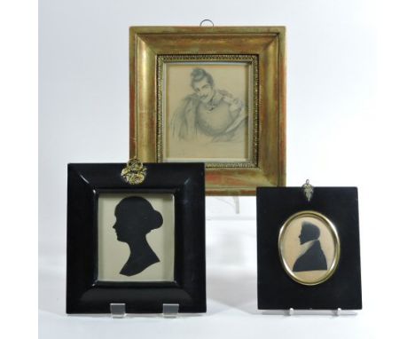 English School, 19th century, miniature silhouette portrait of a gentleman in profile, 7 x 6cm oval, together with a Handrup 