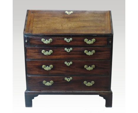 A George III mahogany bureau, with a hinged sloping fall, over four long graduated drawers, on bracket feet, 91cm 