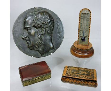 A 19th century brass mounted agate snuff box, of hinged rectangular shape, 7cm, together with an inlaid desk thermometer, a w