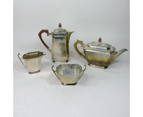 A mid 20th century silver four piece tea and coffee service, of canted rectangular shape, comprising a teapot and cover, 27cm