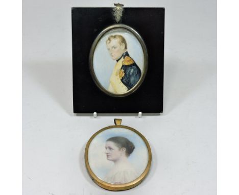 English School, circa 1900, a head and shoulders portrait miniature of a lady in profile, on ivory, signed with initials, F.E