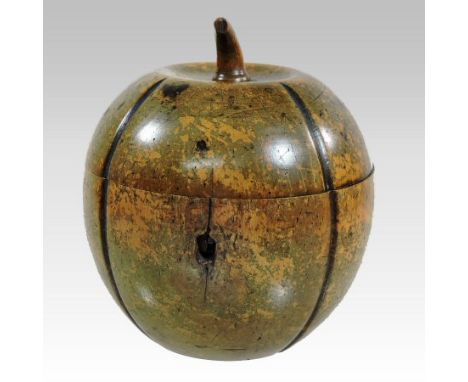 A fruitwood tea caddy, in the form of a melon, with a hinged lid, 13cm tall 