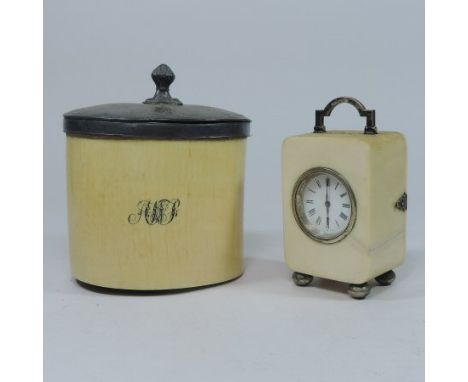 An Edwardian silver and ivory cased carriage clock, with a white enamel dial and French brass movement, on ball feet, London 