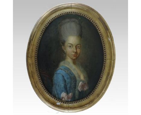 Continental School, 18th century, head and shoulders portrait of a lady wearing a blue dress, 65 x 49cm, oval, oil on canvas,