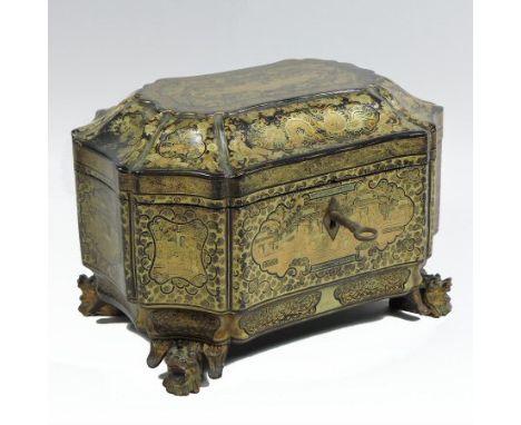 An 18th century Chinese export black lacquer and gilt decorated tea caddy, of canted rectangular shape, finely decorated with