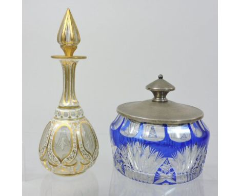 A 19th century Bohemian white overlaid glass perfume bottle and stopper, with facet cut and gilt decoration, 19cm tall, toget