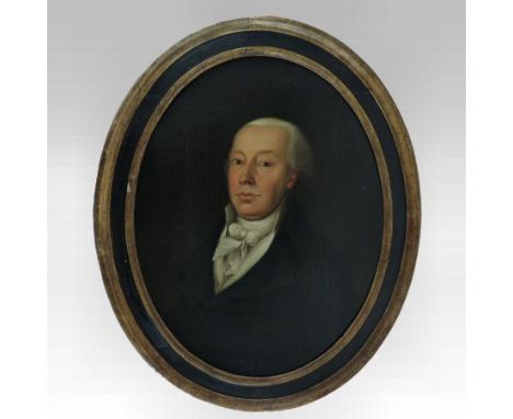 English school, 18th century, a half-length portrait of a seated gentleman, with grey hair, wearing a black coat and white co