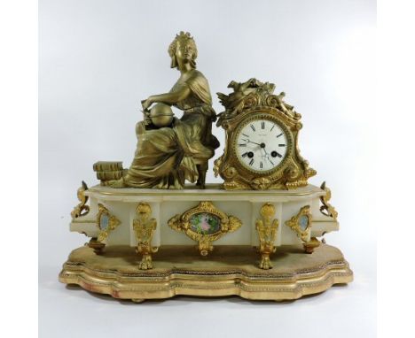 A 19th century gilt metal alabaster and painted figural mantle clock, the white enamel dial signed Ashdown, Tonbridge, having