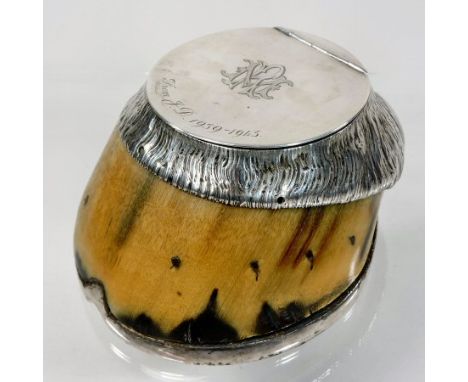 A Victorian novelty inkwell, the silver mounted horse hoof, with a hinged lid and removable glass inkwell, inscribed J.D. 193