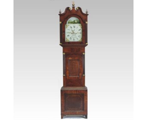 A late George III oak and mahogany cased longcase clock, the painted arched dial signed Eborall, Langollen, below the view of