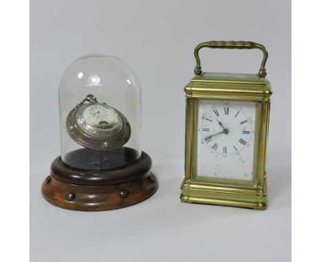 A 19th century Hebdomas Swiss open faced pocket watch, on a 19th century brass mounted walnut watch stand, contained under a 
