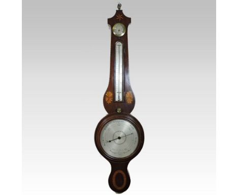 A 19th century mahogany and satinwood cased wheel barometer, with a pagoda top and chevron, stellar and paterea inlay, the ni