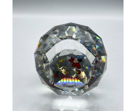 Crystal polygon designed with colorful 25 Year celebration with Mickey the Sorcerer. Felt protects base. Swarovski and Disney