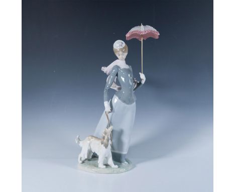 Hand painted porcelain sculpture depicting a refined lady in a light gray dress, holding a pink parasol. She is accompanied b