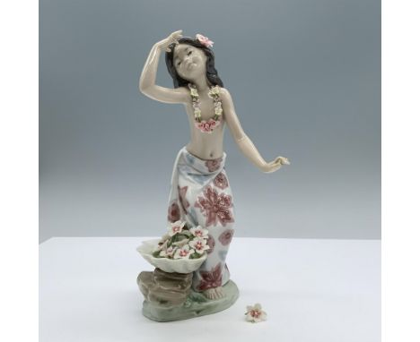 Glossy finish. Features a charming young woman dressed in floral motif in dancing manners. Lladro backstamp. This item has it
