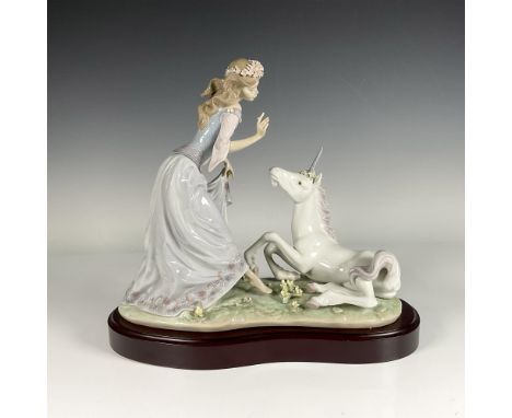 Glossy porcelain figure of a serene princess and a beautiful unicorn looking at each other, exuding a fantasy and dreamlike a