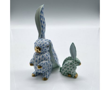 Adorable hand painted figures with one ear up in blue (4.25"H) and green (2.25"H) fishnet with gilt accents on nose and paws 