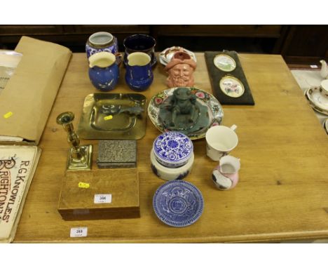 A 19th Century brass candlestick; a mahogany trinket box; a Canton style plate and various other china and pottery