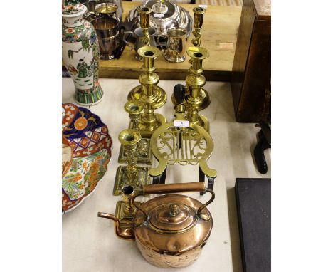 Three pairs of various brass candlesticks; a brass trivet stand; a Victorian copper kettle and a 19th Century brass dwarf can