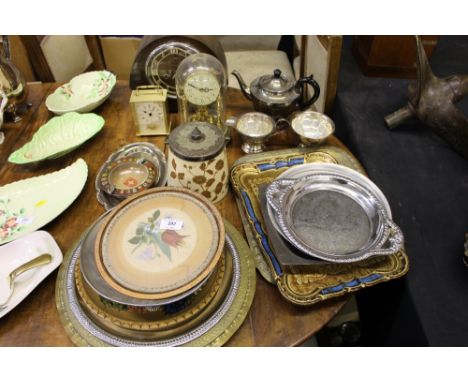 An oak cased two hole mantel clock; an anniversary clock; various trays; a floral decorated biscuit barrel etc.
