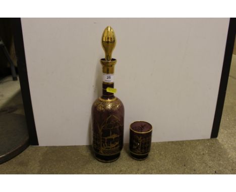 An amethyst glass and gilt decorated licquer decanter with a set of six goblets