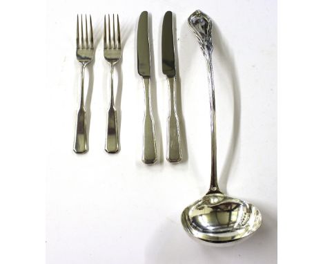 A box of Viners silver plated and other cutlery to include a ladle