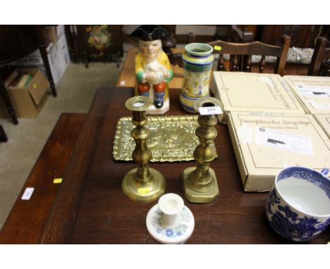 Two 19th Century brass candlesticks; a Wedgwood 'Clementine' candlestick, AF; a brass embossed tray; a Ralph Wood style Toby 