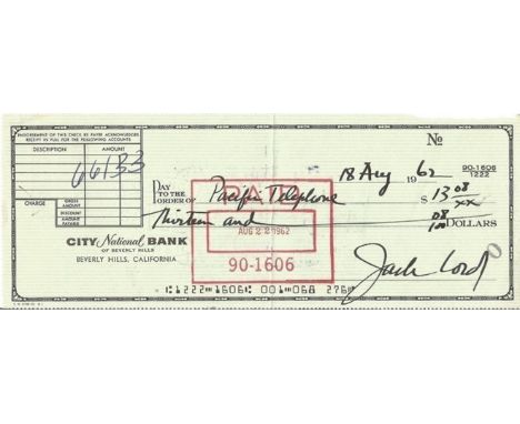 James Bond Jack Lord signed City National Bank of Beverley Hills cheque dated 18th Aug 1962. John Joseph Patrick Ryan Decembe