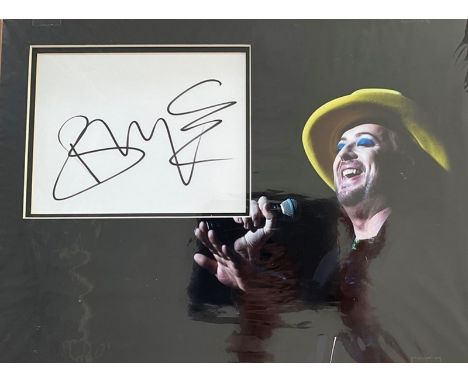 Singer, Boy George 16x12 colour presentation photo whilst performing with matted signed card. George Alan O'Dowd, known profe