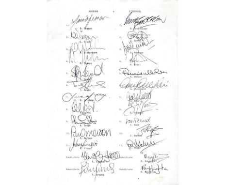 Arsenal Vs Liverpool Signed Teamsheet on one A4 Sheet, both teams signed with signatures that include David Seaman, Paul Mers
