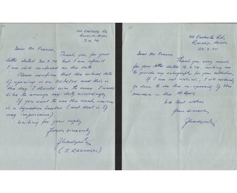 P/O Radomski VM KM and Bar of 222 Sqdn. WW2 Battle of Britain Fighter Pilot Hand signed and written letter dates 7.4.74. lett