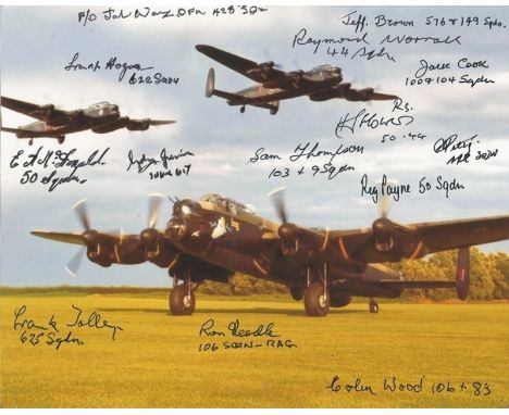 WW2 Bomber veterans multiple signed colour 10 x 8 photo of two Lancasters over East Kirby. Signed by 14 including F/O Jeff Br