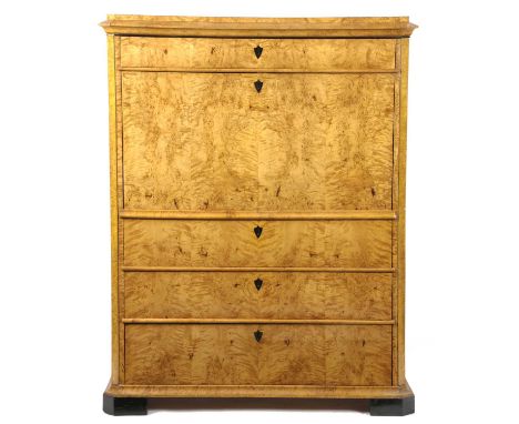 A BIEDERMEIER KARELIAN BIRCH SECRETAIREPOSSIBLY SWEDISH, SECOND QUARTER 19TH CENTURYwith ebonised decoration with a frieze dr