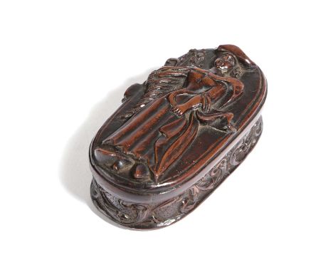 A TREEN SISSINGHURST CASTLE PRISONER OF WAR SNUFF BOXC.1760carved with a well dressed lady holding a cornucopia issuing a flo