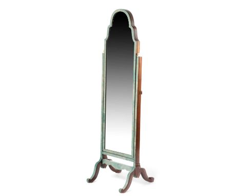 λ A SHAGREEN AND MAHOGANY CHEVAL MIRROREARLY 20TH CENTURYwith an arched bevelled plate and turned ivory finials152cm high, 41