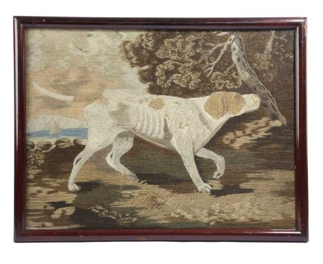 A REGENCY WOOLWORK PICTURE OF A POINTEREARLY 19TH CENTURYon the edge of woodland with a seascape in the background42.3 x 57.5