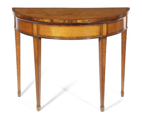 A SATINWOOD DEMI-LUNE CARD TABLEIN GEORGE III STYLE, 19TH CENTURYinlaid with stringing and crossbanding, the fold-over top re