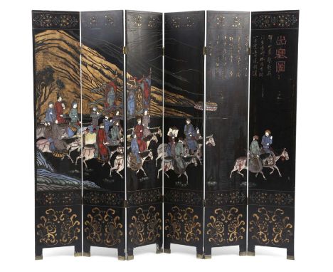 A CHINESE EXPORT COROMANDEL LACQUER SIX-FOLD SCREENLATE 19TH / EARLY 20TH CENTURYdouble sided, and polychrome decorated with 