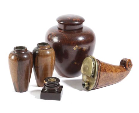 A COLLECTION OF TREEN19TH CENTURY AND LATERcomprising: a burr maple and brass pipe bowl, a pair of spill holders, a tea canis
