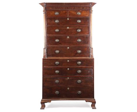 A GEORGE III MAHOGANY CHEST ON CHESTCHANNEL ISLANDS, LATE 18TH CENTURYinlaid with paterae and faux fluting, the breakfront co