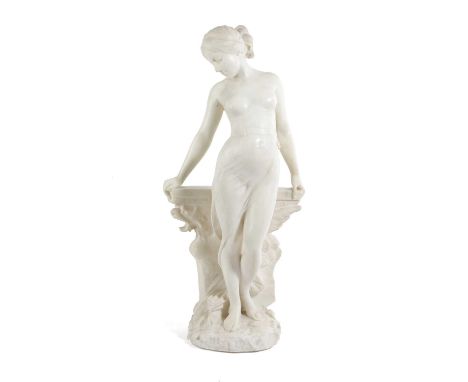 AN ITALIAN ALABASTER FIGURE OF DONNA SULLA ROCCAAFTER P. EMILIO FIASCHI (ITALIAN, 1858-1941), EARLY 20TH CENTURYthe scantily 
