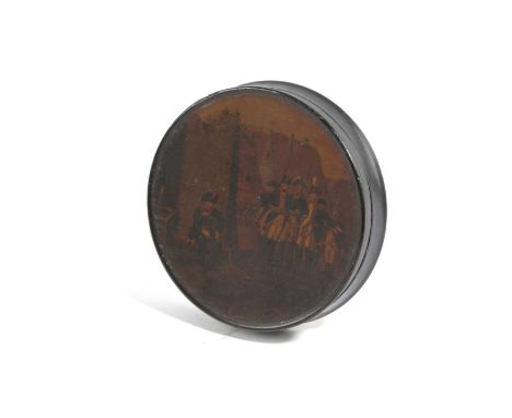A GERMAN LACQUERED PAPIER-MÂCHÉ SNUFF BOXPROBABLY BY STOBWASSER, EARLY 19TH CENTURYpainted with a scene of Frederick the Grea