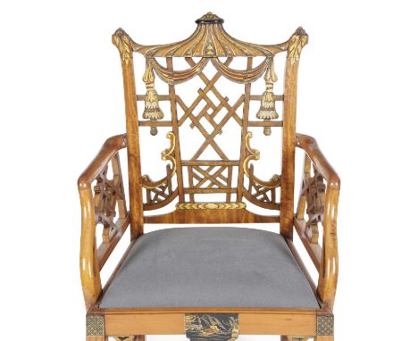 A FINE PAINTED SATINWOOD ARMCHAIRIN GEORGE III CHINESE CHIPPENDALE STYLE, ATTRIBUTED TO S. HILLE & CO, EARLY 20TH CENTURYwith