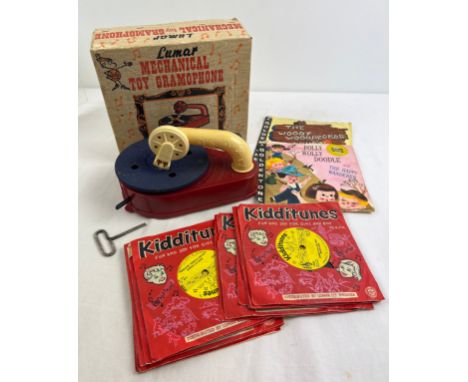 A boxed vintage 1960's Marx Toys Lumar Mechanical toy Gramophone complete with key for winding mechanism. With a collection o