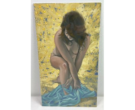 Krys Leach, local artist - nude oil on unframed canvas board, entitled "Light Curtain". Signed to lower left and named, signe